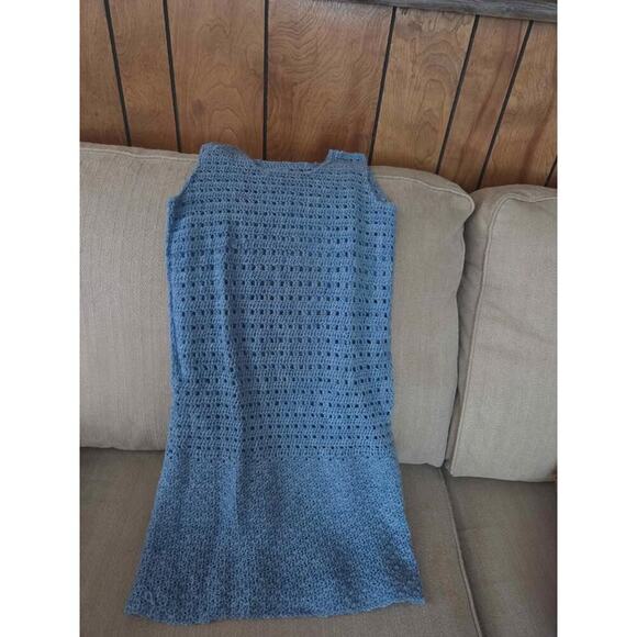 Handmade Blue Crochet Dress & Ivory Scarf Set Fringe Boho Beach Outfit - Picture 2 of 12